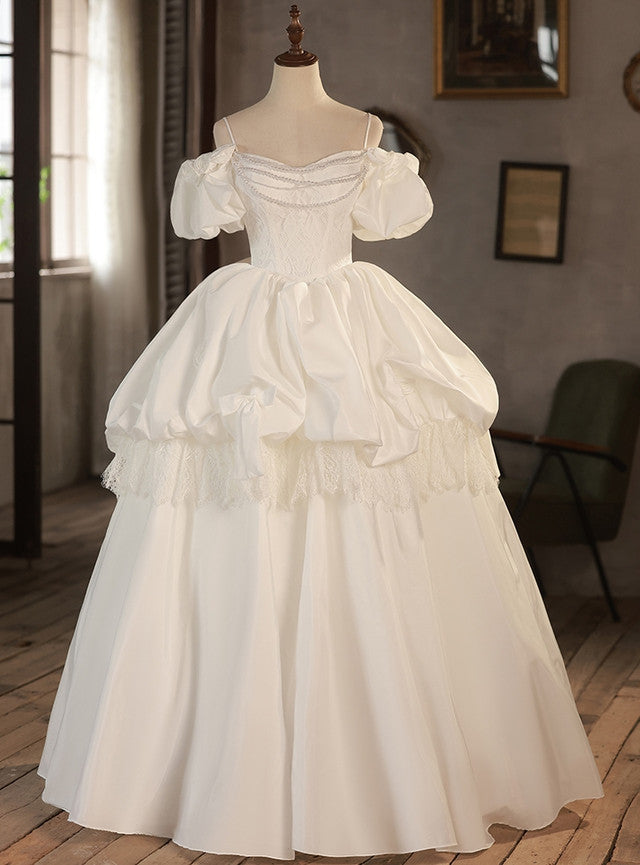White Satin Lace Puff Sleeve Wedding Dress