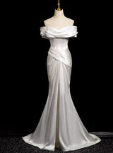 White Mermaid Satin Pleats Split Wedding Dress