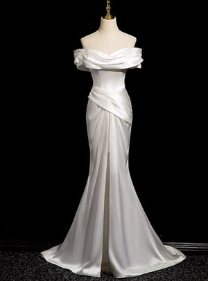 White Mermaid Satin Pleats Split Wedding Dress