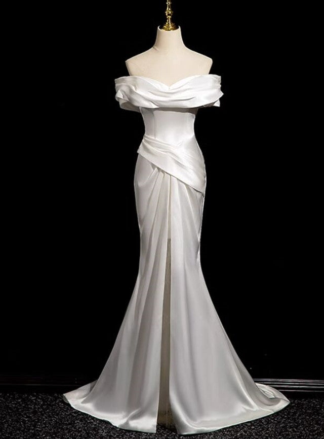 White Mermaid Satin Pleats Split Wedding Dress