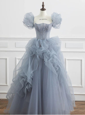 Blue Tulle Sequins Puff Sleeve Beading Prom Dress