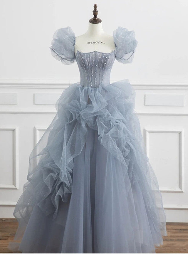 Blue Tulle Sequins Puff Sleeve Beading Prom Dress