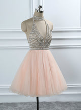 Tulle Halter Backless Beading Homecoming Dress