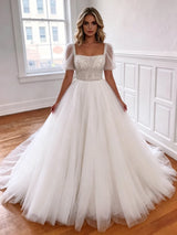 White Tulle Puff Sleeve Beading Wedding Dress