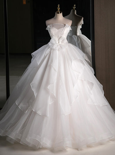 White Tulle Strapless Bow Pleats Wedding Dress
