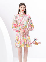 Retro Single-breasted Printed Short Dress