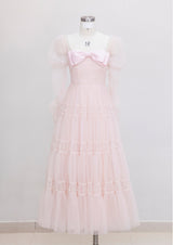 Pink Tulle Long Sleeve Pleats Pearls Prom Dress