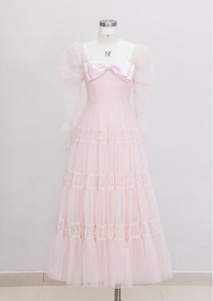 Pink Tulle Long Sleeve Pleats Pearls Prom Dress