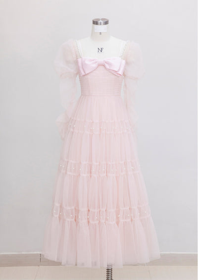 Pink Tulle Long Sleeve Pleats Pearls Prom Dress