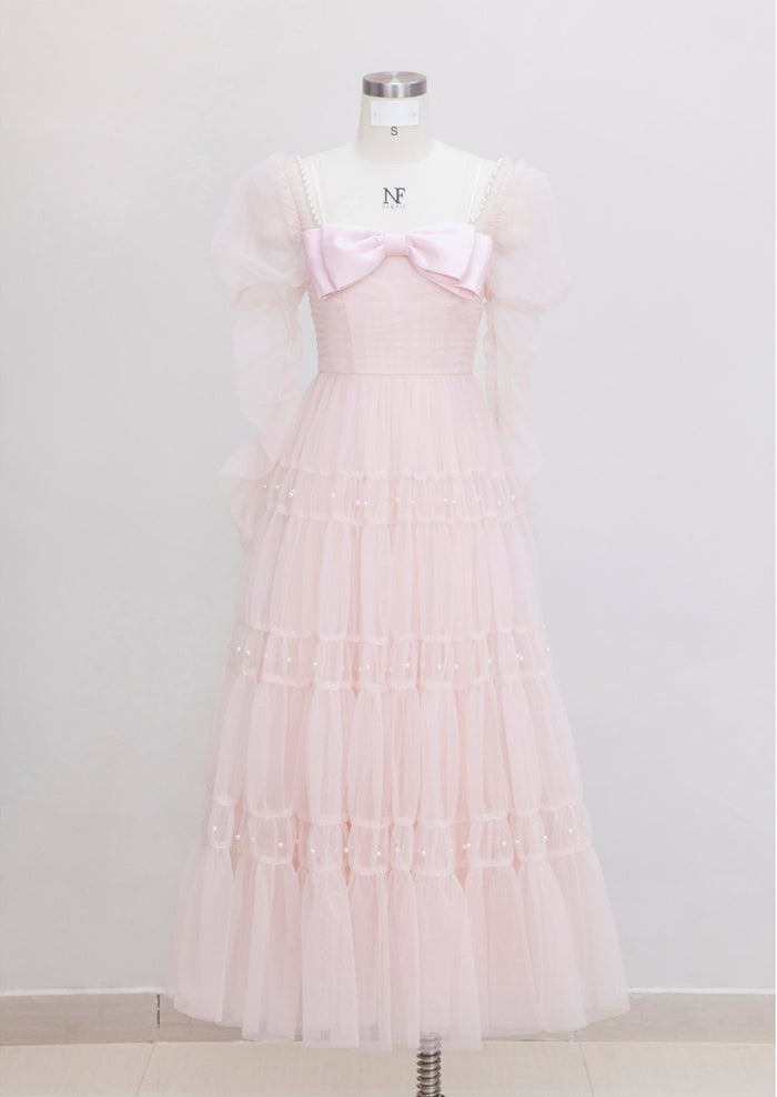Pink Tulle Long Sleeve Pleats Pearls Prom Dress