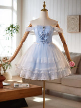Blue Tulle Lace Bow Homecoming Dress