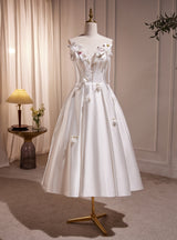 White Satin Straps Beading Flower Wedding Dress