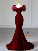 Black Mermaid Velvet Puffy Sleeve Prom Dress