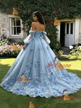 Blue Tulle 3D Appliques Quinceanera Dress
