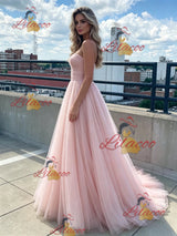 Pink Tulle Strapless Pleas Prom Dress