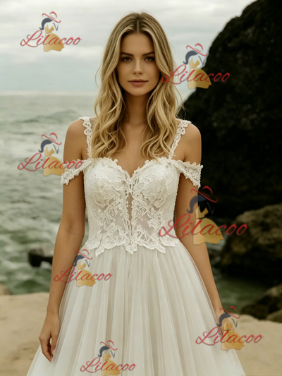 Beige White Tulle Lace Straps Wedding Dress