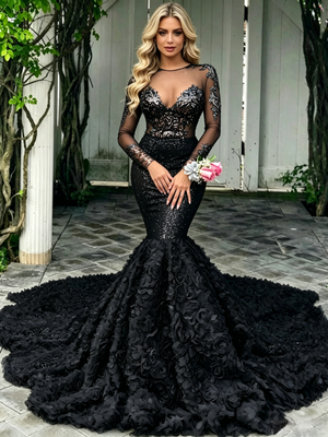 Black Mermaid Sequins Long Sleeve Prom Dress
