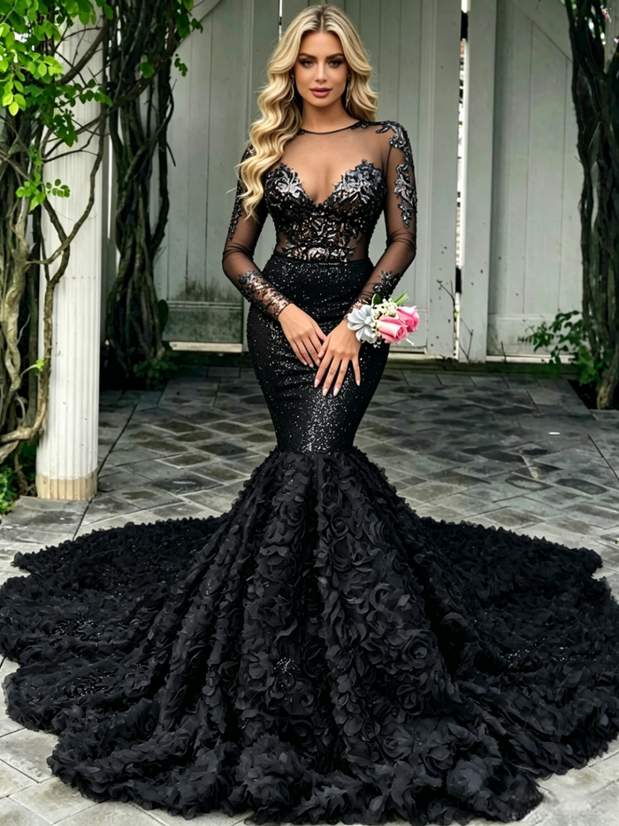 Black Mermaid Sequins Long Sleeve Prom Dress