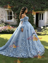 Blue Tulle 3D Appliques Quinceanera Dress