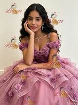 Pink Tulle Straps 3D Flower Quinceanera Dress