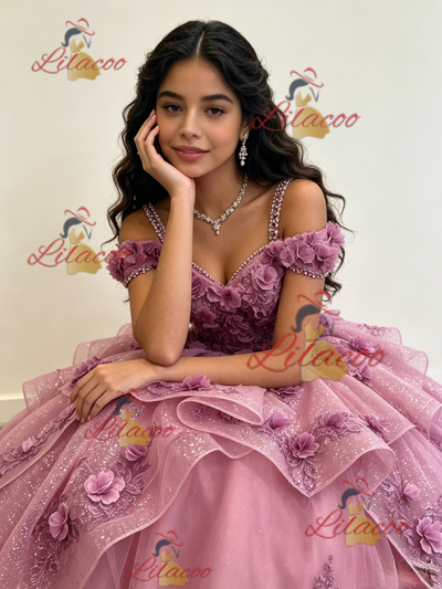 Pink Tulle Straps 3D Flower Quinceanera Dress
