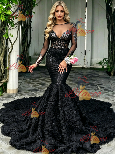 Black Mermaid Sequins Long Sleeve Prom Dress