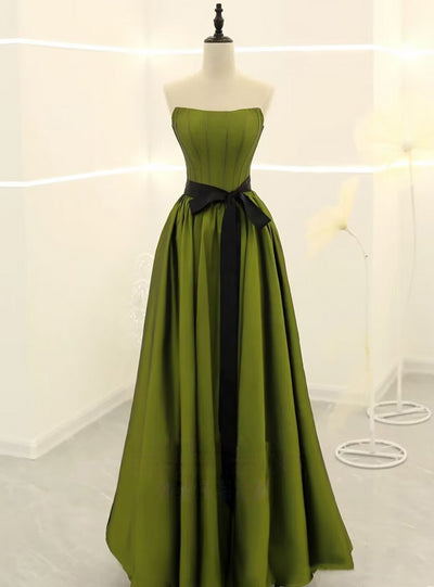 Green Satin Strapless Prom Dress