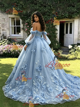 Blue Tulle 3D Appliques Quinceanera Dress