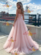 Pink Tulle Strapless Pleas Prom Dress