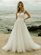White Tulle Lace Straps Wedding Dress