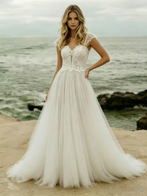 White Tulle Lace Straps Wedding Dress