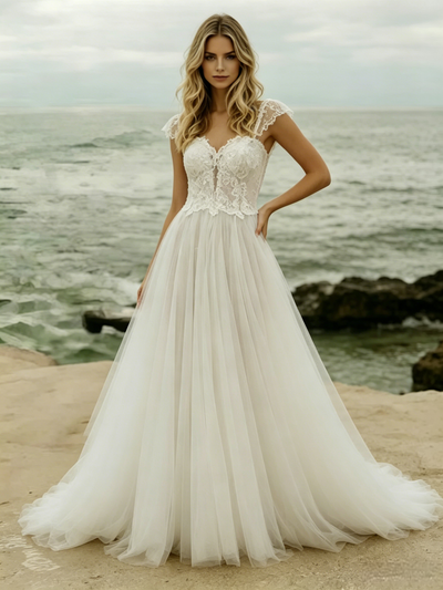 White Tulle Lace Straps Wedding Dress