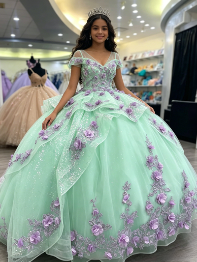 Green Tulle V-neck Appliques Quinceanera Dress