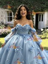 Blue Tulle 3D Appliques Quinceanera Dress