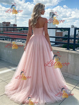 Pink Tulle Strapless Pleas Prom Dress