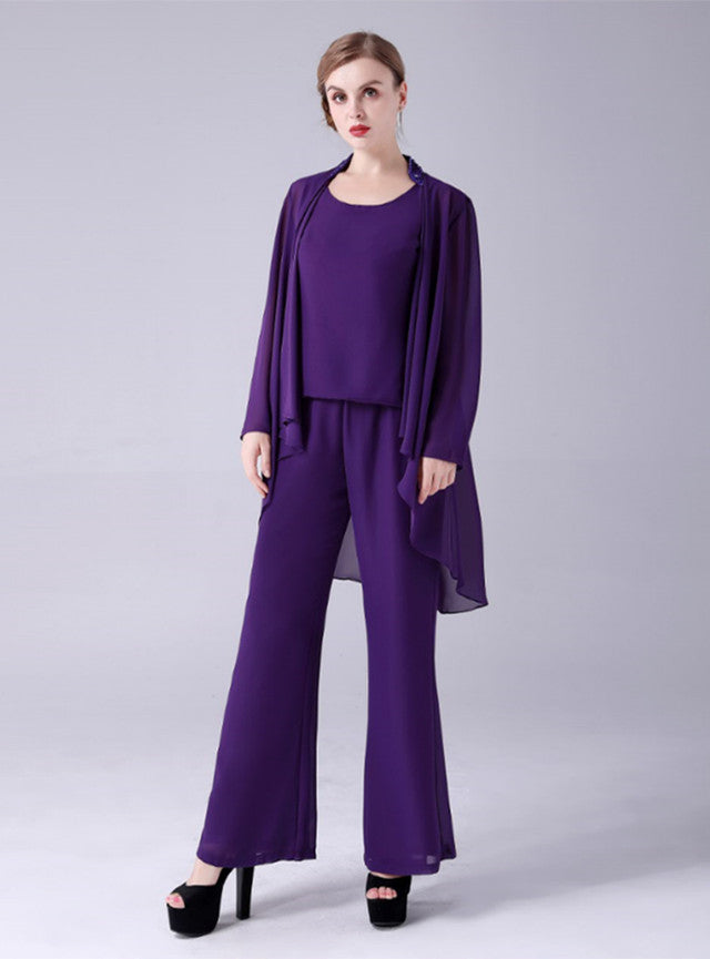 Purple Chiffon 3 Piece Beading Mother Of The Bride Dress