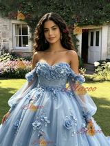 Blue Tulle 3D Appliques Quinceanera Dress