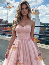 Pink Tulle Strapless Pleas Prom Dress