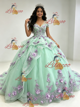 Green Tulle V-neck Appliques Quinceanera Dress