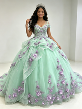 Green Tulle V-neck Appliques Quinceanera Dress