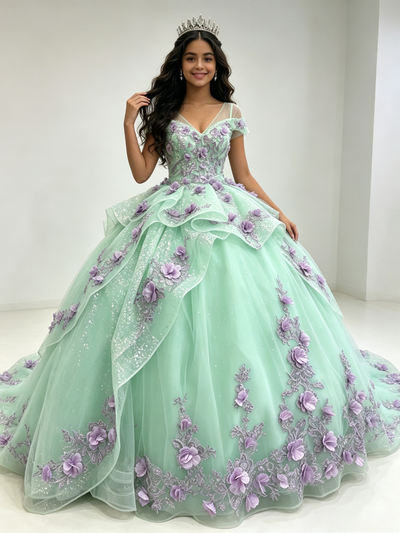 Green Tulle V-neck Appliques Quinceanera Dress