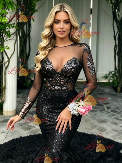 Black Mermaid Sequins Long Sleeve Prom Dress