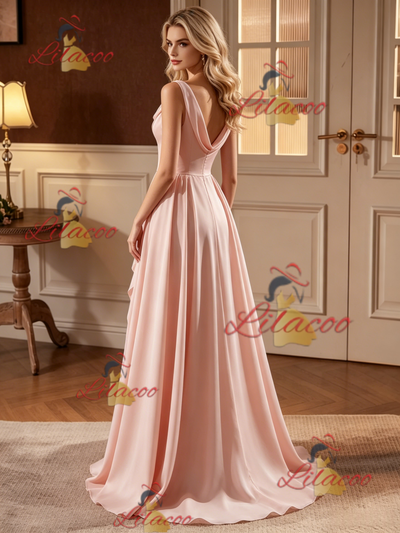 Simple Pink V-neck Wedding Dress