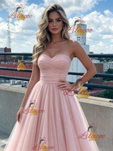 Pink Tulle Strapless Pleas Prom Dress