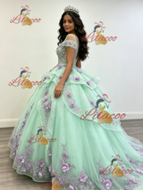 Green Tulle V-neck Appliques Quinceanera Dress