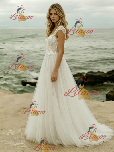 White Tulle Lace Straps Wedding Dress