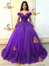 Purple Tulle Long Sleeve Appliques Quinceanera Dress