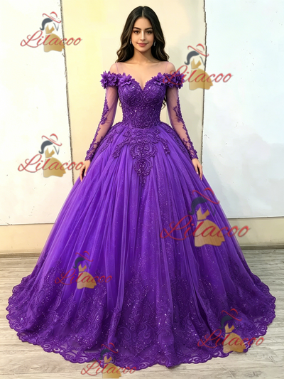 Purple Tulle Long Sleeve Appliques Quinceanera Dress