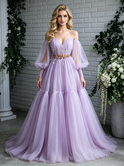 Purple Tulle Long Sleeve Pleats Prom Dress