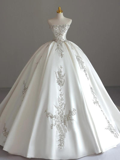 White Ball Gown Satin Beading Strapless Wedding Dress
